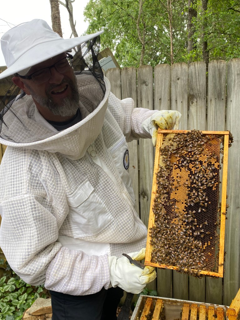 Hal Hoffmann in beekeeping gear holding a frame of honeybees from a Halo Honey hive