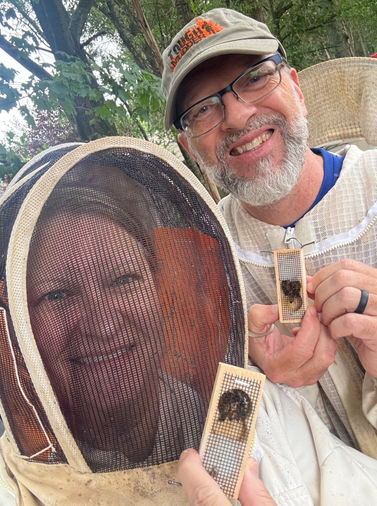 Hal and Melissa holding wooden queen cages while requeening two hives at the Halo Honey apiary